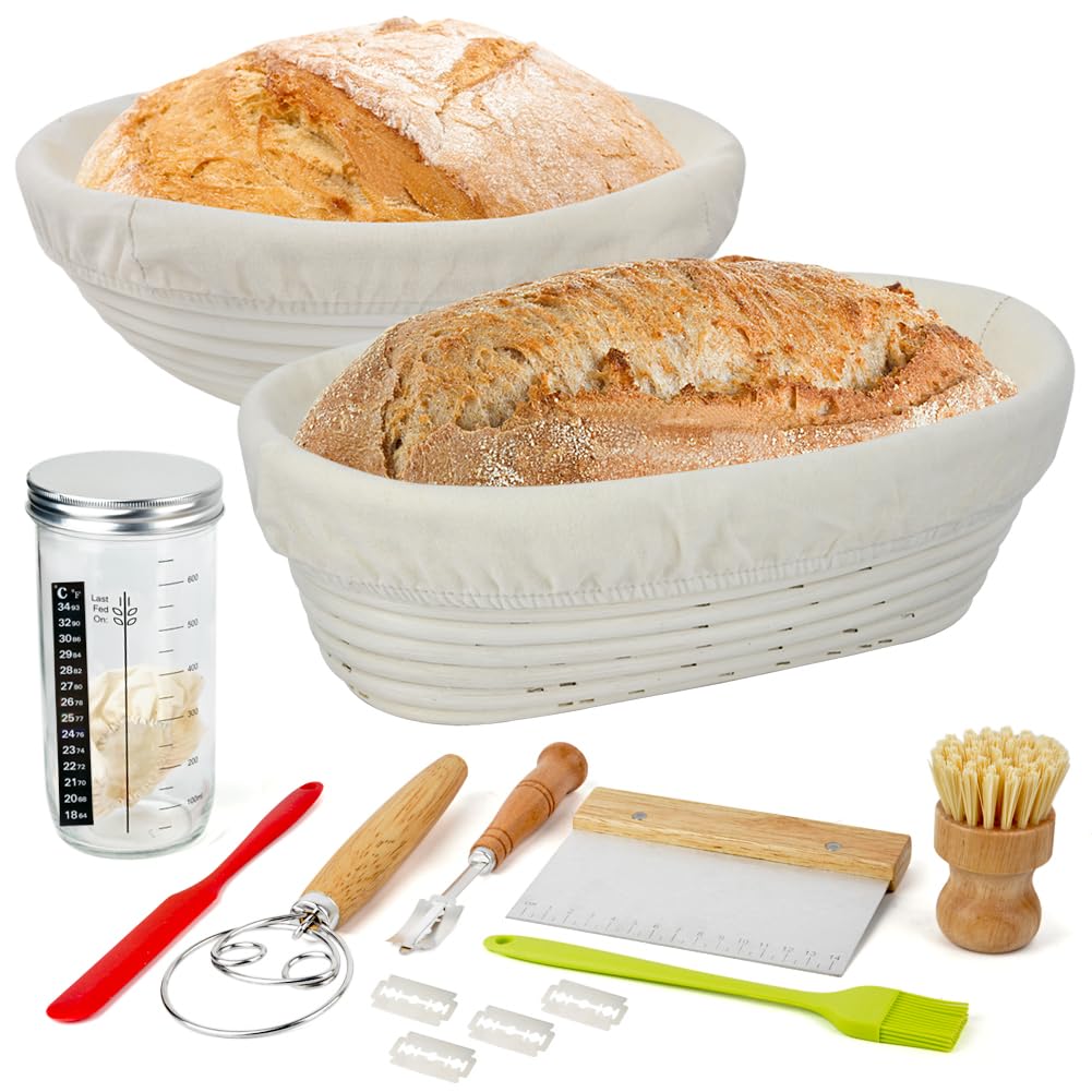 Sauerteig Starter Set mit 2 Gärkörbchen Oval Rund&Brot Backen Zubehör, Gärkorb Brot mit Teigschaber,