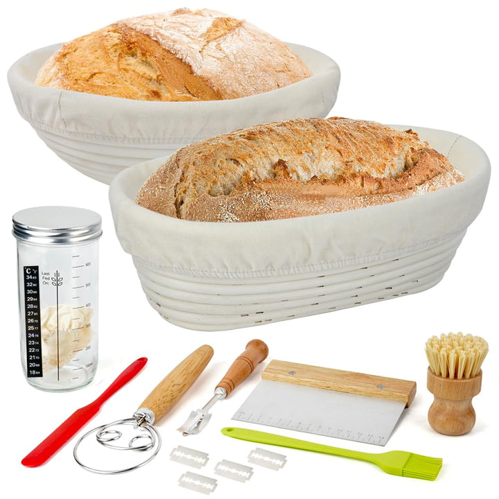Sauerteig Starter Set mit 2 Gärkörbchen Oval Rund&Brot Backen Zubehör, Gärkorb Brot mit Teigschaber,