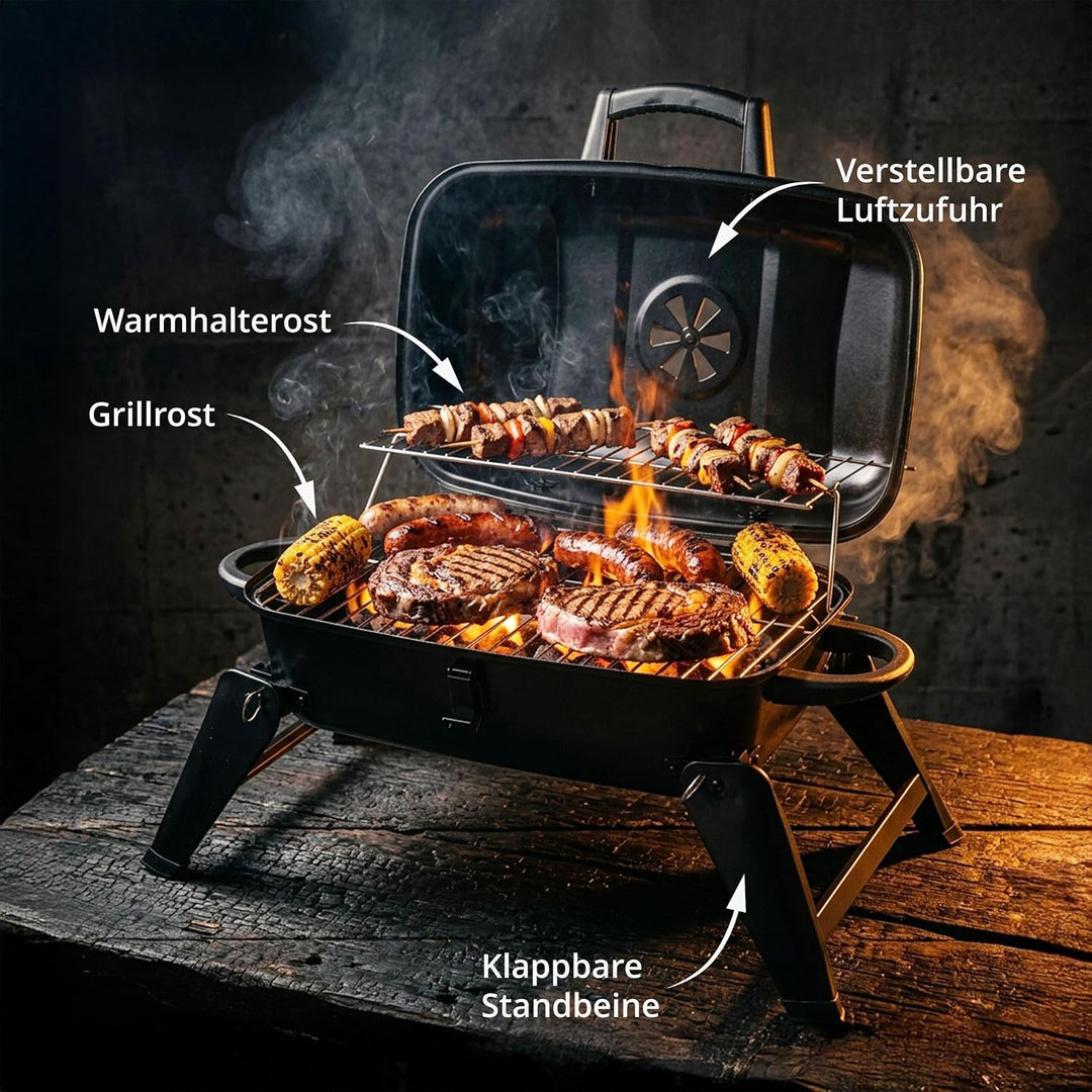 Relaxdays Tischgrill, tragbarer Klappgrill, HBT: 34 x 59 x 36 cm, Warmhalterost, Lüftung, Kohlegrill