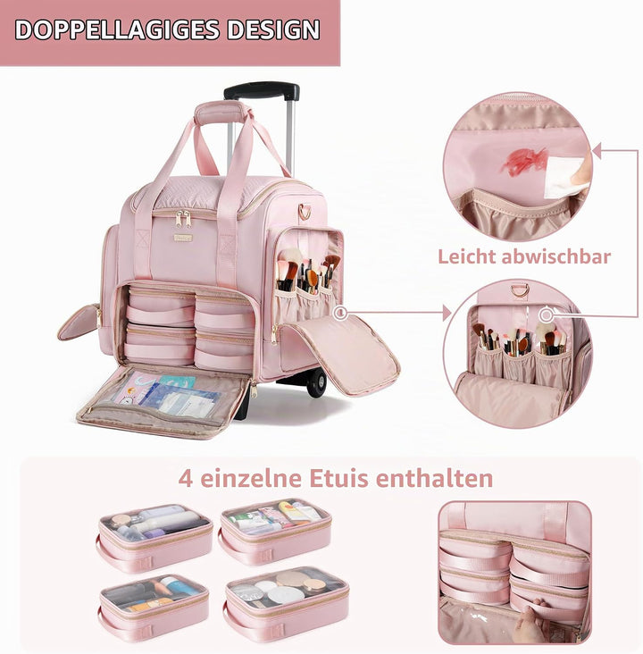 Rollbare Make-up Tasche mit 4 Einzelnen Koffern, professioneller Makeup Koffer mit Rollen Reisetasch