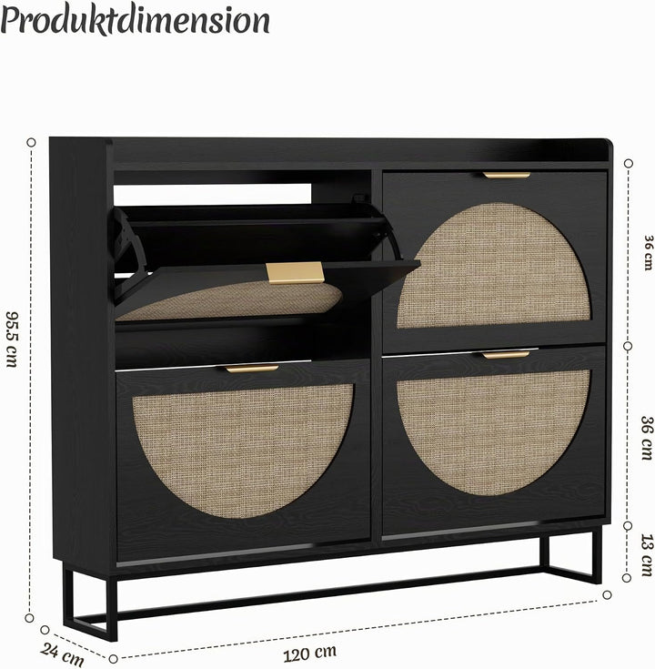 BonVache Schuhkommode mit 4 Klappfächern, Grosser Rattan Schuhschrank Schmal Holz, Schuhaufbewahrung