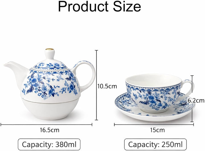 Porcelain Tea for One Set Beautiful Flower Ceramic Teapot with Cup Gifted Box (Blue and White), Blue