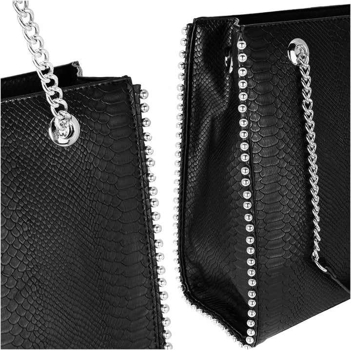 CRAZYCHIC - Damen Ketten Handtasche - Tote Shopper Nieten Perlen - Schlange PU Leder Schultertasche