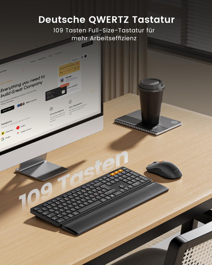 ProtoArc Kabellos Tastatur Maus Set, KM60 Full-Size Bluetooth Tastatur und Maus mit Handballenauflag