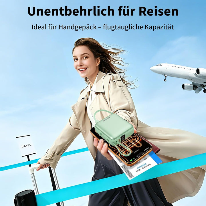 Hichain Power Bank Klein, 10000mAh 22,5W Powerbank USB C Schnellladen mit Integriertem USB-C Kabel,