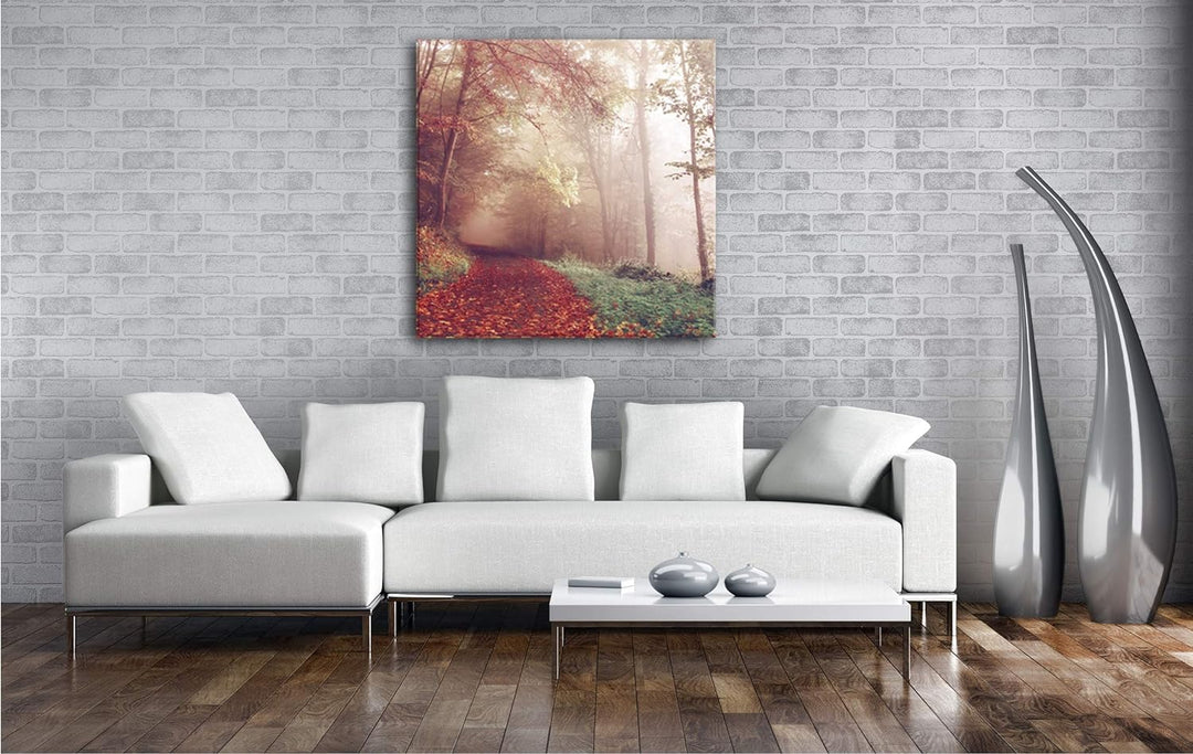deyoli vernebelter Waldweg im Herbst Format: 70x70 als Leinwand, Motiv fertig gerahmt auf Echtholzra