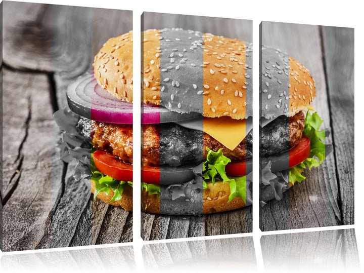 Saftiger Cheeseburger schwarz/weiss 3-Teiler Leinwandbild 120x80 Bild auf Leinwand, XXL riesige Bild