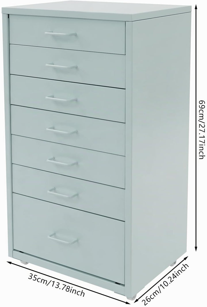 Metall Rollcontainer mit 7 Schubladen, Mobiler Aktenschrank, Büroschrank mit Rädern, Rollschrank Sch