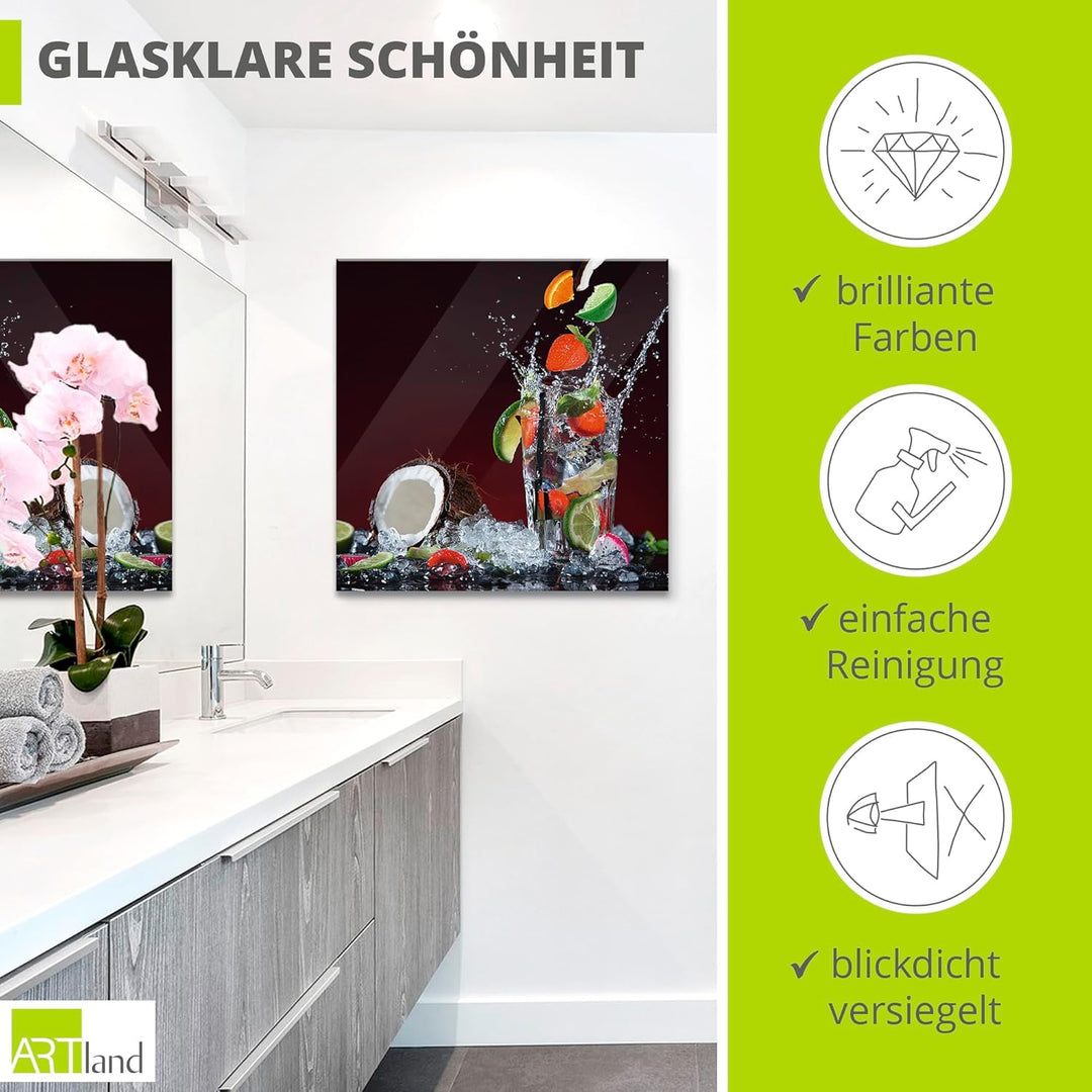 ARTland Glasbilder Wandbild Glas Bild einteilig 50x50 cm Quadratisch Früchte im Wasser Cocktails Fru