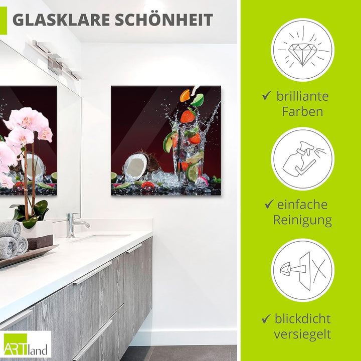 ARTland Glasbilder Wandbild Glas Bild einteilig 50x50 cm Quadratisch Früchte im Wasser Cocktails Fru