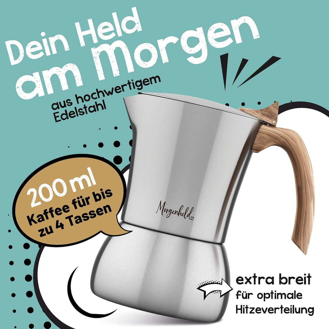 FLOW Premium Edelstahl Espressokocher mit Reduziersieb für 2 bis 4 Tassen 200ml - Espressomaker indu