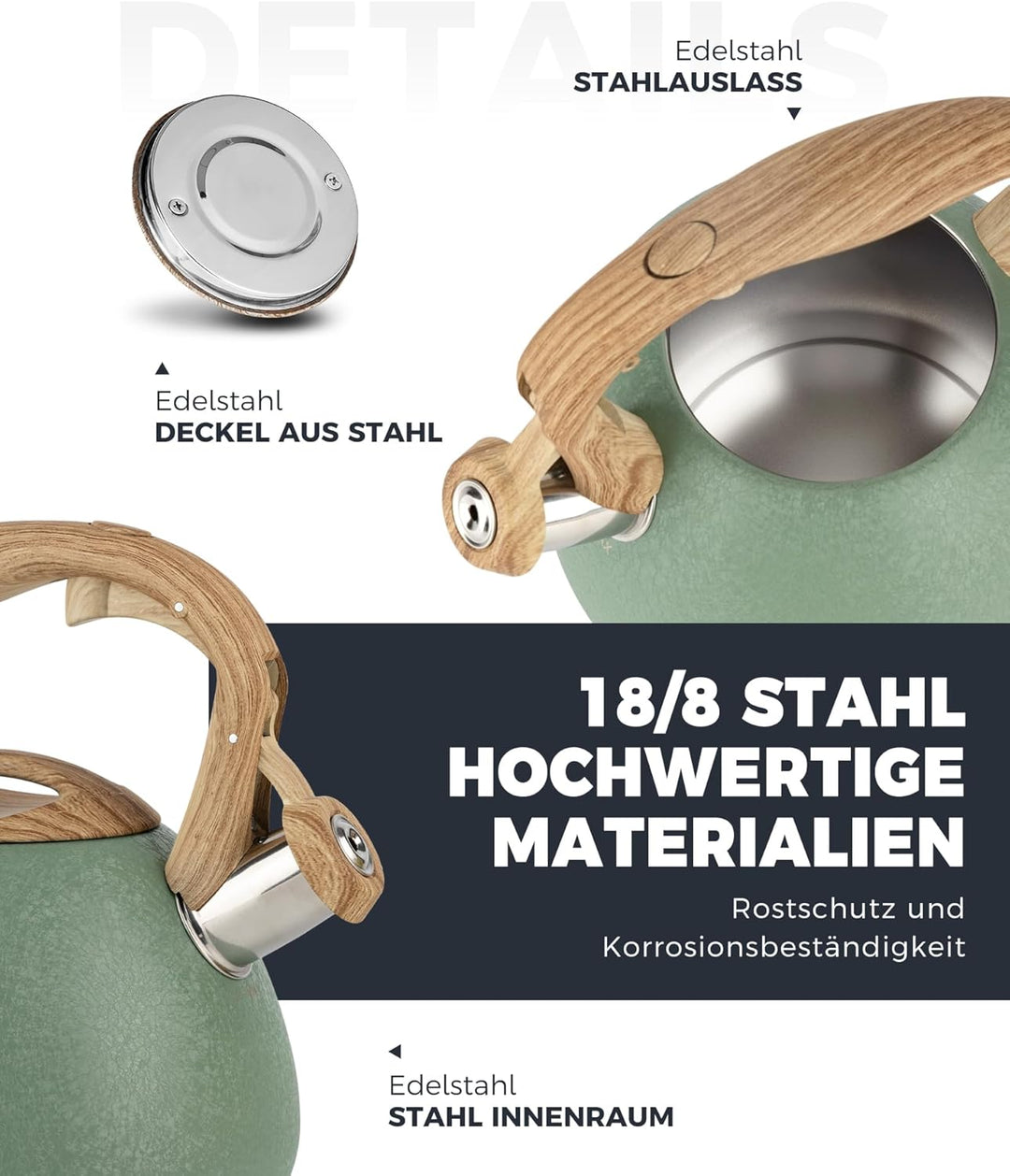 Poliviar Teekessel Induktion - Wasserkessel für Induktion und Gasherd - 2,7L Flötenkessel mit Holzma