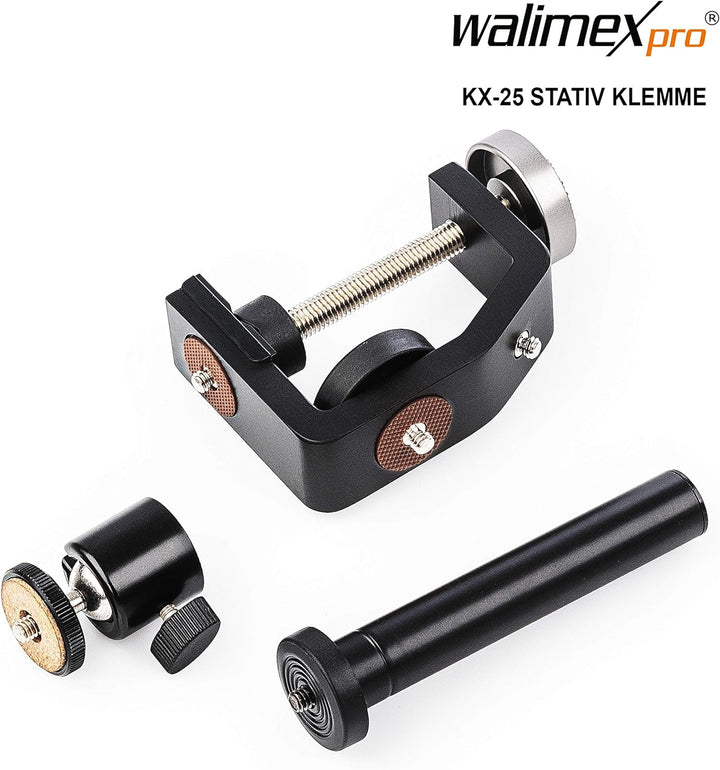Walimex pro KX-25 Stativ Klemme mit Kugelkopf – Klemmstativ, Blitzklemme, Aluminium, ausziehbare Mit