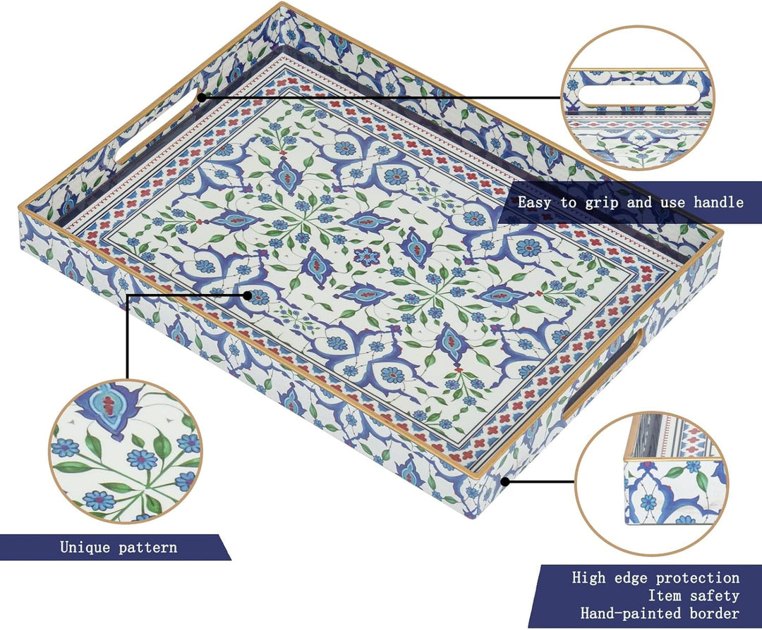 Serviertablett, Tablett mit Griff Boho Deko Rechteckig Kaffeetablett, Bruchsicher Gross Tablett für