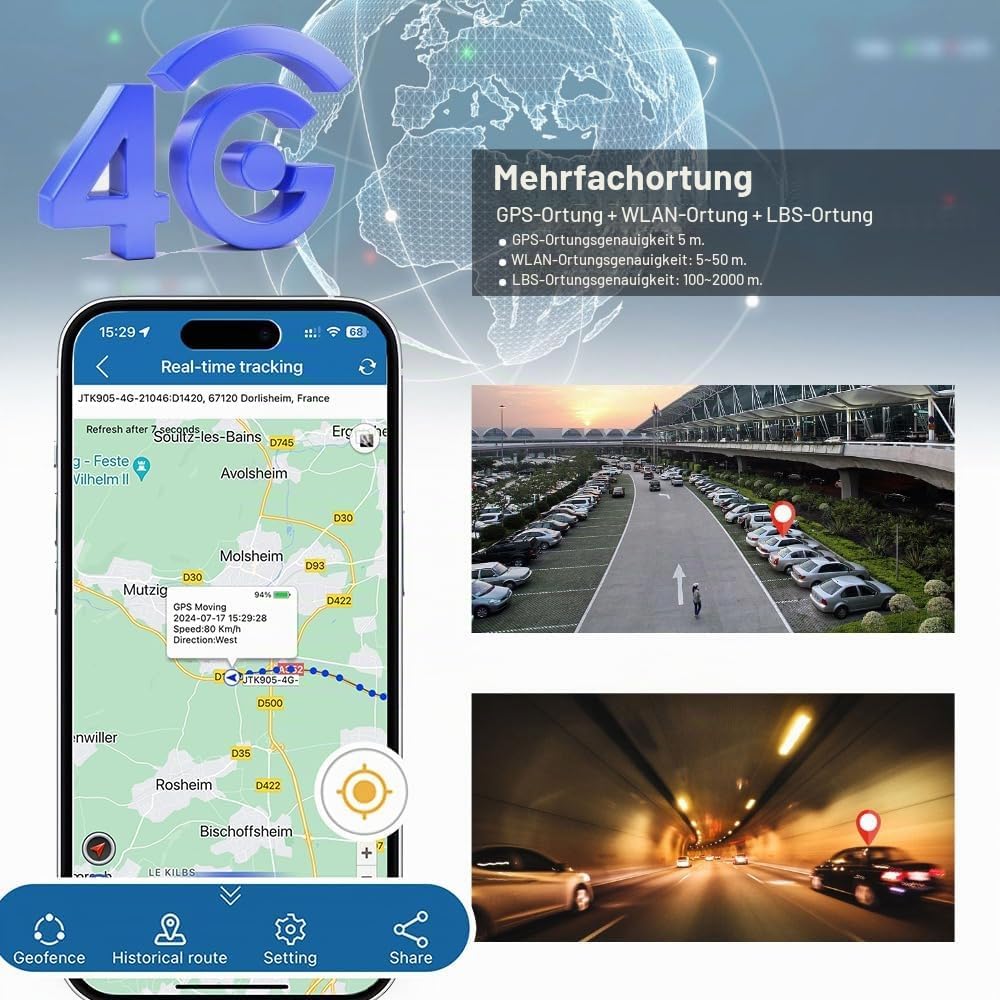 Winnes 4G GPS Tracker Auto ohne ABO, Echtzeit Ortung, Geo-Fence &amp; Alarm (Vibration, Bewegung, Geschw