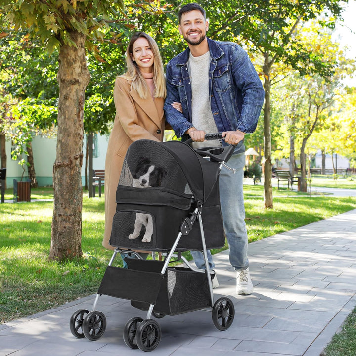 YITAHOME Hundewagen Haustiere Buggy bis 15kg, Hundebuggy mit Netzfenstern & Getränkehalter & Ablagek