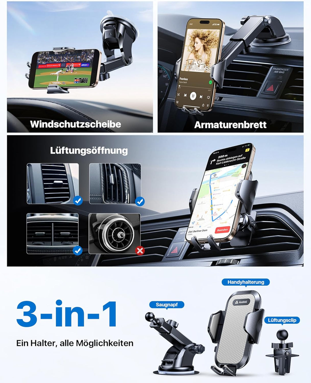 andobil Handyhalterung Auto [2026 Neueste Saugnapf] 3 in 1 Saugnapf & Lüftung Halter Universale KFZ