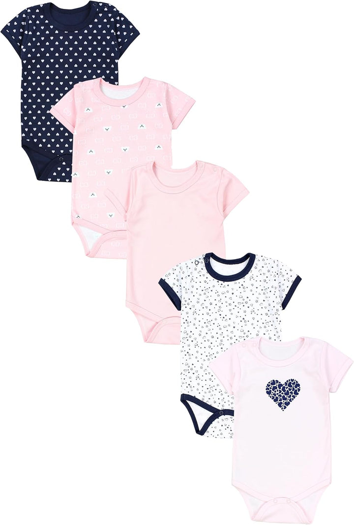 TupTam Mädchen Baby Body Kurzarm in Unifarben - 5er Pack 86 Dunkelblau Blumen Hellrosa Herzen Apriko