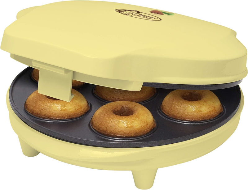 Bestron Donut Maker im Retro Design, Sweet Dreams, Antihaftbeschichtung, 700 Watt, Farbe: Gelb