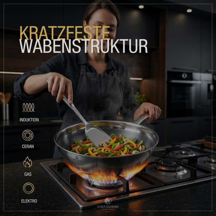 CHEF CUISINE Wokpfanne 32cm Edelstahl mit Antihaft Honeycomb Beschichtung – Wok mit kratzfester Wabe