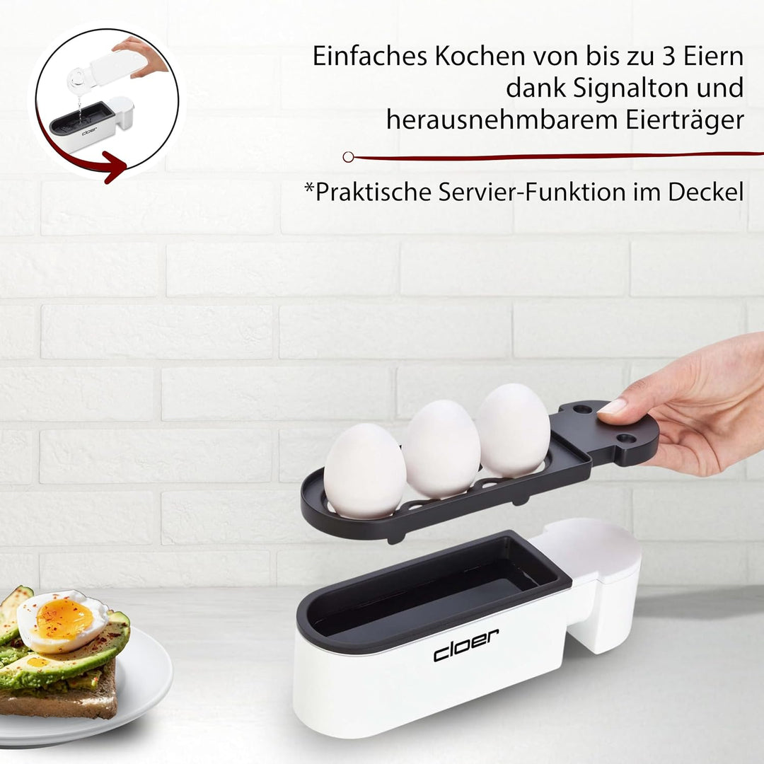Cloer 6021 Eierkocher, bis zu 3 Eier, herausnehmbarer Eierträger, Servierfunktion, 300 Watt, Kunstst