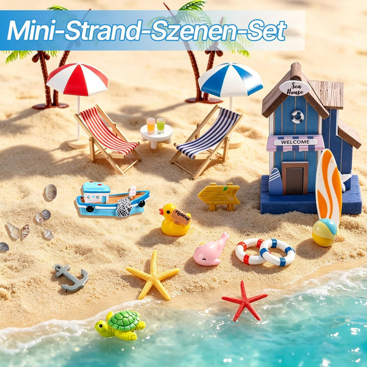 24 Stück Mini Strand Deko Set, Miniatur Deko Miniatur Strandlandschaft Zubehör mit Palme, Liegestuhl