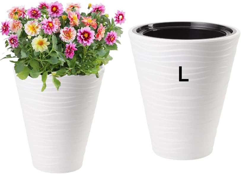 MELTOM Blumenkübel Blumentopf Rund 3D Effekt Slim Weiss Pflanzkübel mit Herausnehmbaren Einsatz (L),