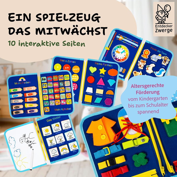 Busy Board ab 3 Jahre - Lernspielzeug mit Deutschen Inhalten - 25 Aktivitäten auf 10 Seiten - Motori