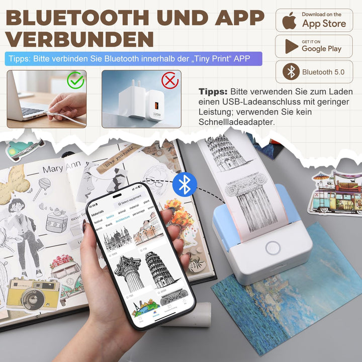 PRAOAHEI Mini Drucker, Tragbarer Thermodrucker mit 10 Rollen Druckerpapier | Bluetooth Etikettendruc