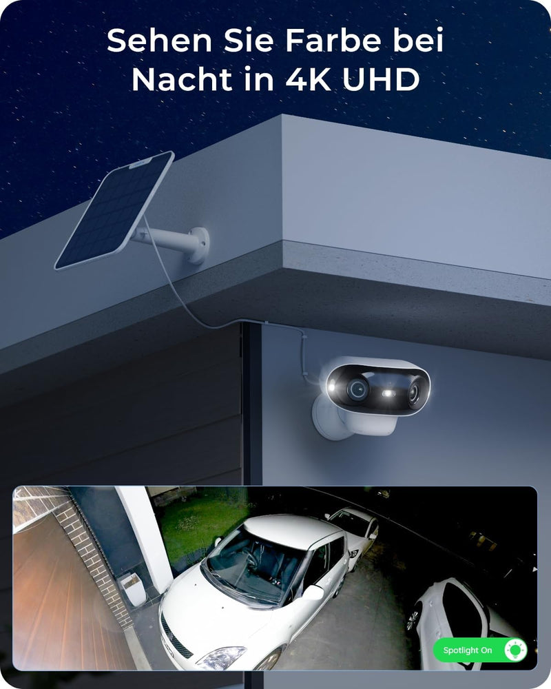 Reolink Argus 4 4K Überwachungskamera Aussen Solar, 180°-Weitwinkel und KI-Erkennung, 8MP Kabellose