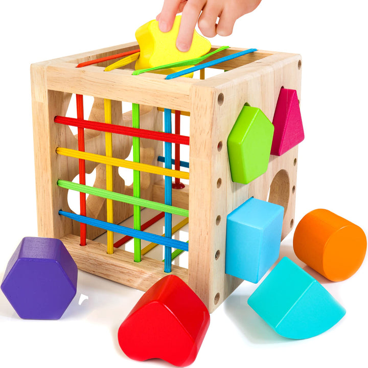 HELLOWOOD Sortierspiel Montessori Steckwürfel ab 1 Jahr, Lernspielzeug Motorikwürfel mit 8 Steckbaus