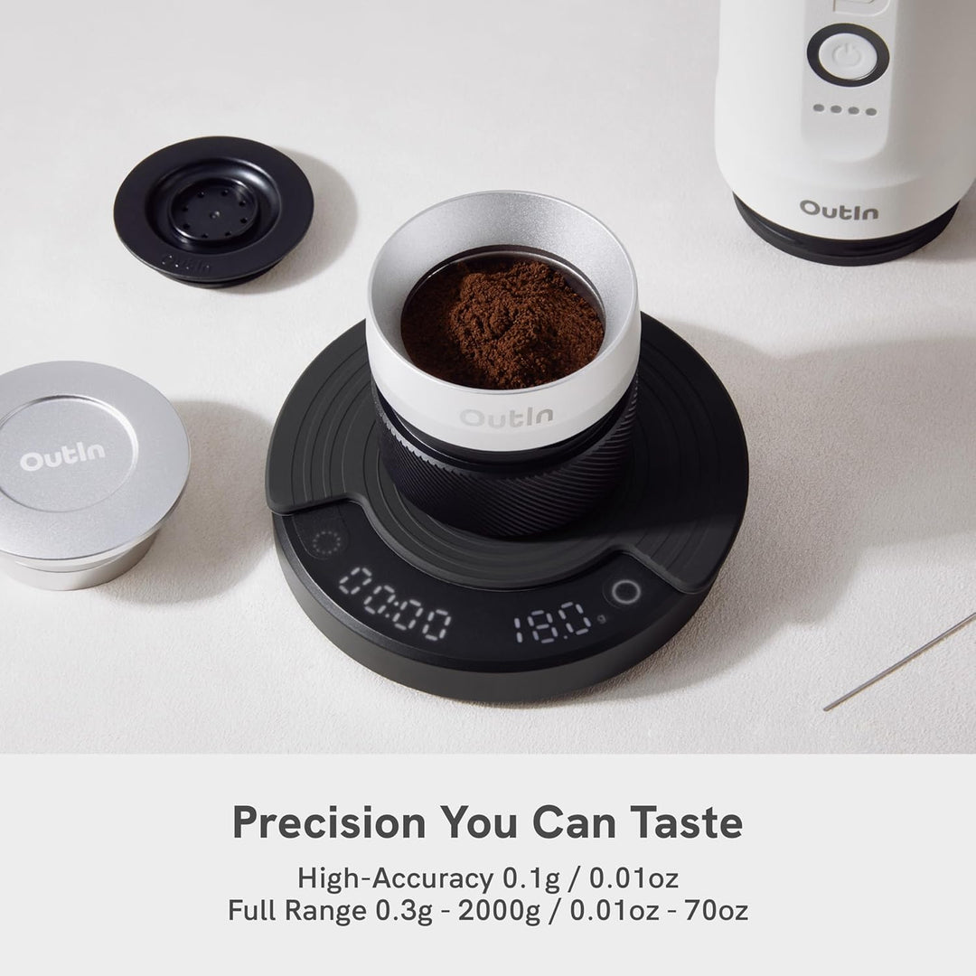 OutIn Claro Tragbare Kaffeewaage mit Timer - Digitale Espresso Waage 2kg/0,1g, Mini Kaffeewaage Inkl