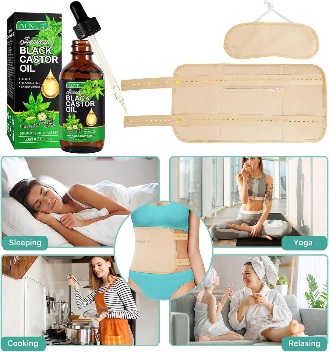 Castor Oil Pack, Wiederverwendbare Bio Rizinusöl Wrap, Kit mit verstellbaren elastischen Riemen Komf