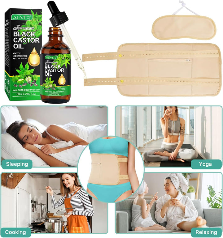 Castor Oil Pack, Wiederverwendbare Bio Rizinusöl Wrap, Kit mit verstellbaren elastischen Riemen Komf