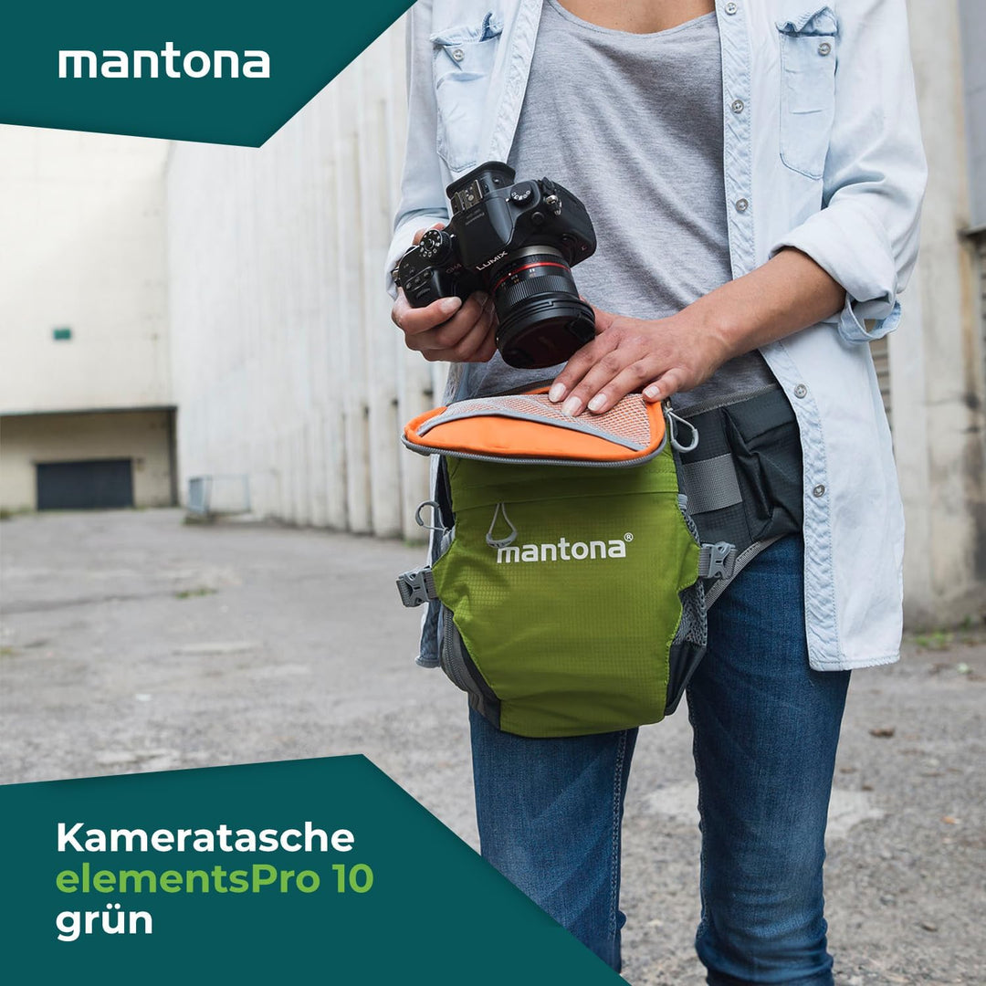 Mantona elementsPro 10 grün - Kameratasche für Outdoor Fotografen mit Hüftgurt, atmungsaktiver Polst