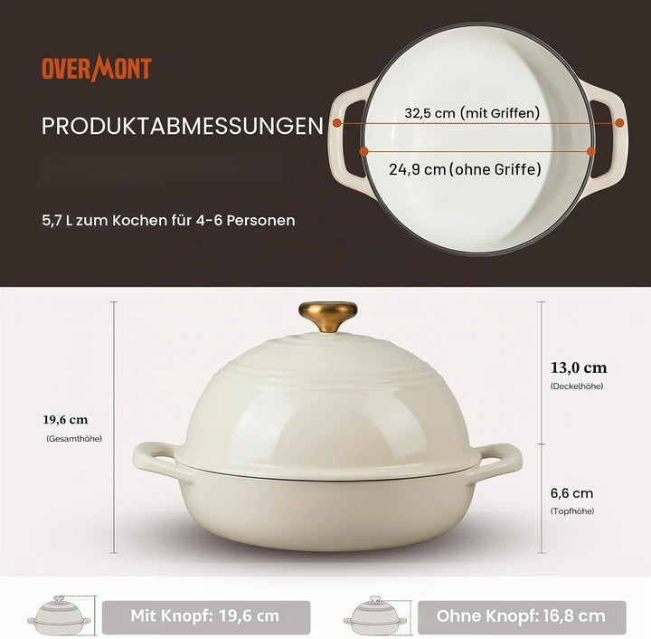Overmont Gusseisen Topf Emaille Brotbacktopf - 5.7L Bräter Schmortopf mit Deckel und Kochbuch – für