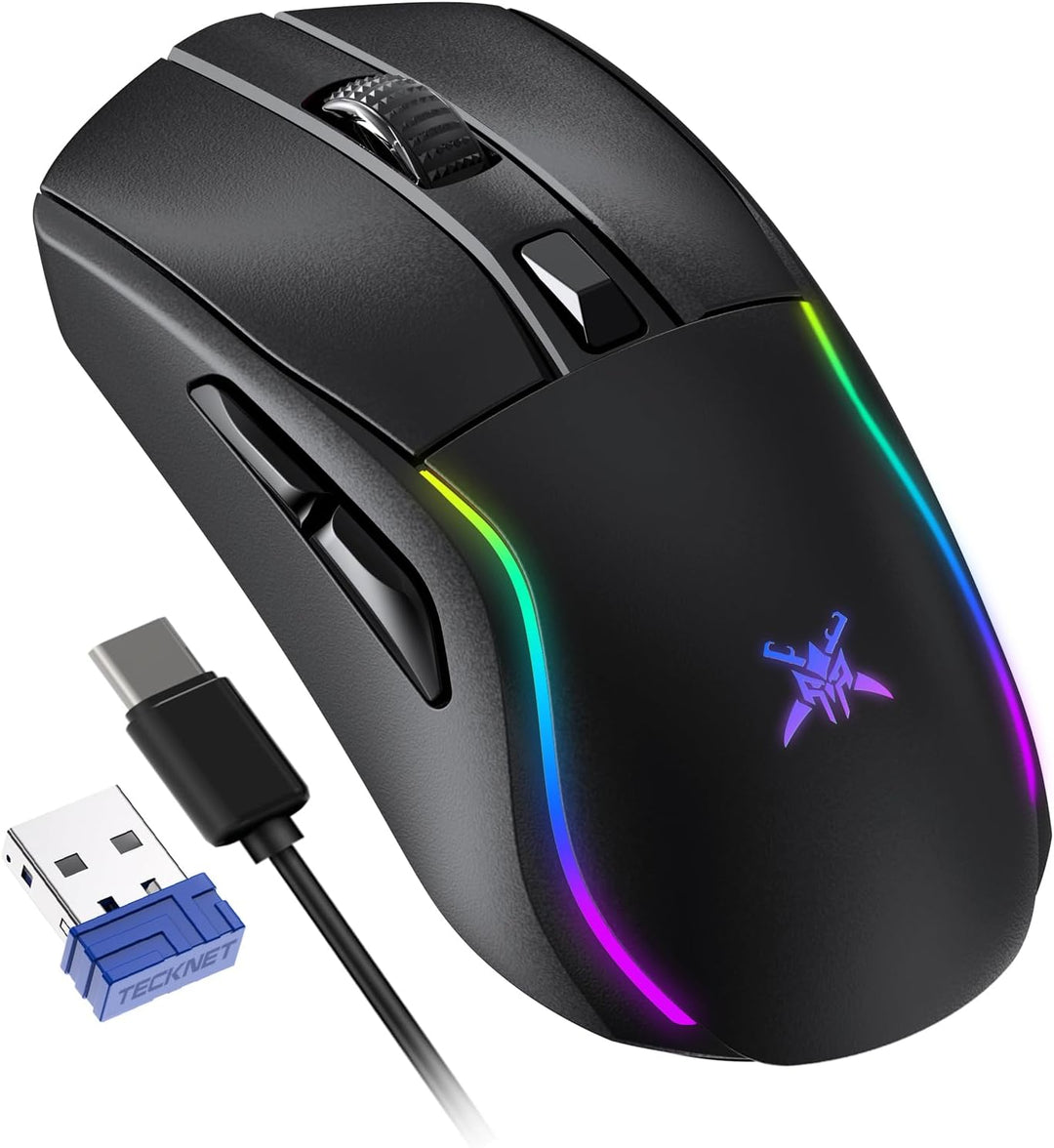 TECKNET Gaming Maus Kabellos, 24000 DPI mit DREI Verbindungsmodi und 6 RGB-Leuchten, Wiederaufladbar