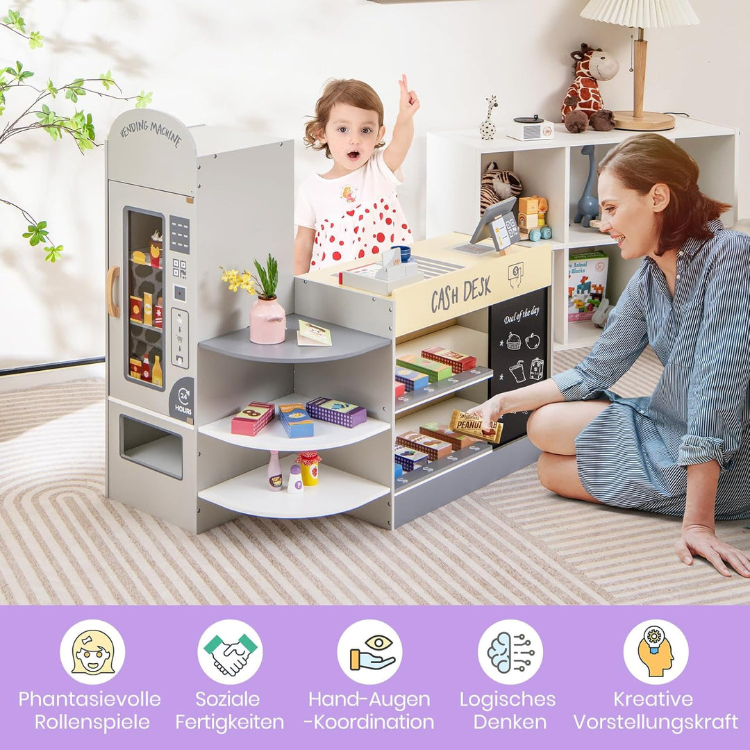 GOPLUS Kinder Kaufladen, Supermarkt aus Holz, Kaufmannsladen mit mit Kasse, POS-Automat & Verkaufsau