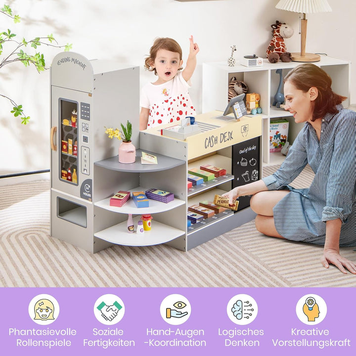GOPLUS Kinder Kaufladen, Supermarkt aus Holz, Kaufmannsladen mit mit Kasse, POS-Automat & Verkaufsau