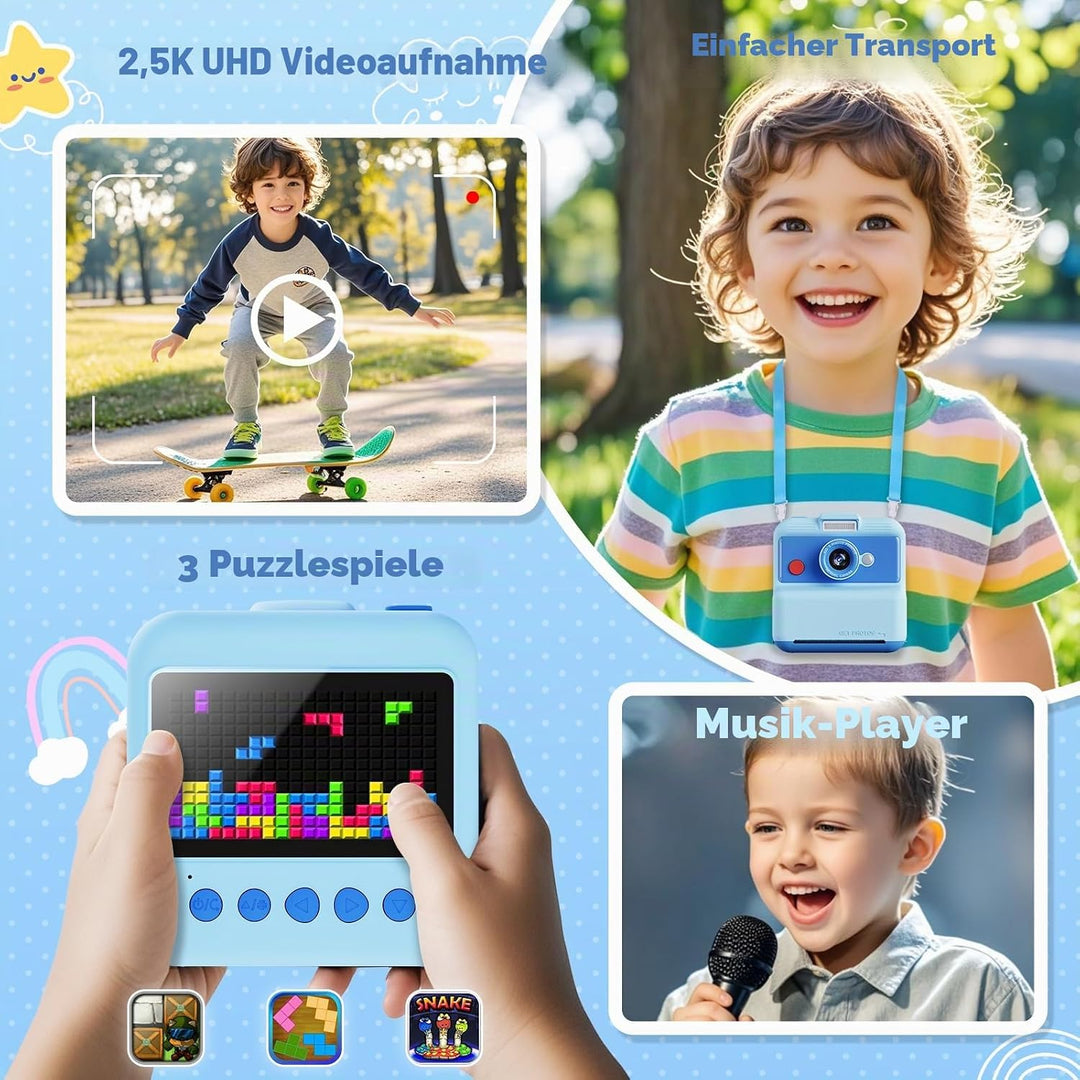 CAMCLID Sofortbildkamera Kinder, 3,0 Zoll Bildschirm Kinderkamera Sofortbildkamera, 48MP/2,5K UHD Ki