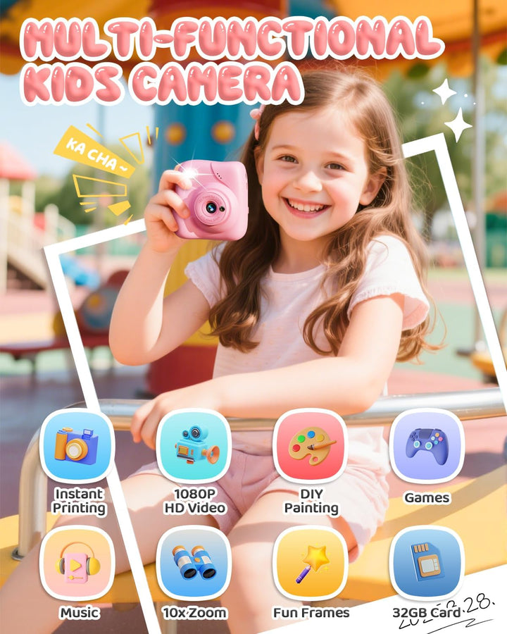 CAMCLID Kinderkamera Sofortbildkamera, 1080P Sofortbildkamera Kinder mit 32GB Karte & 3 Rollen Druck