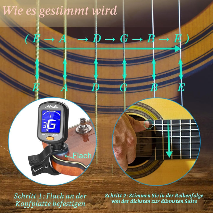 Stimmgerät für Chromatic, Gitarre, Bass, Violine, Ukulele, inklusive Kapodaster und Halterung Capo+T
