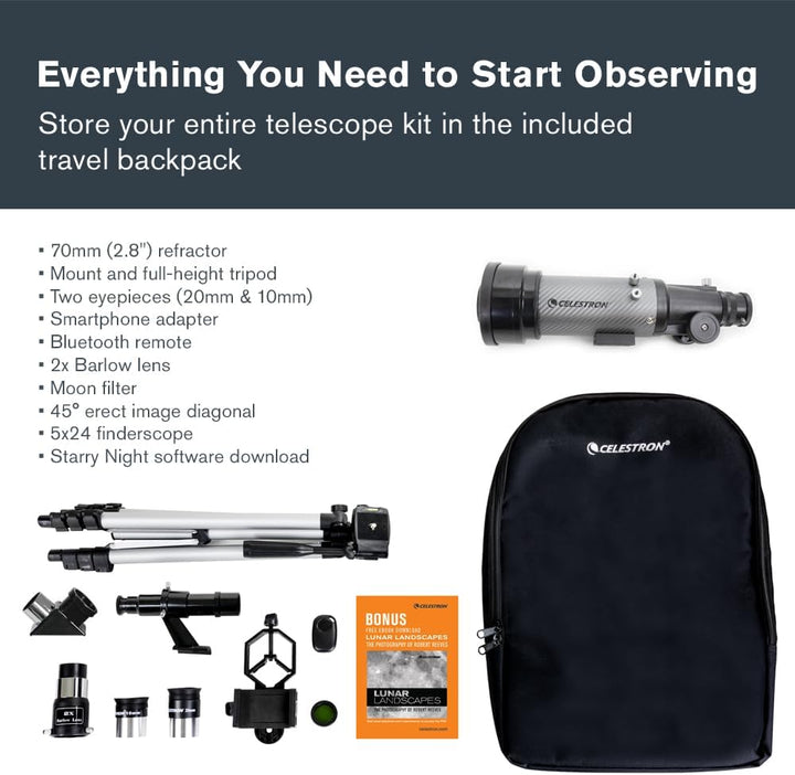 Celestron 22035 Travel Scope DX 70mm tragbares Refraktor-Teleskop mit vollvergüteten Glasoptik, Ruck