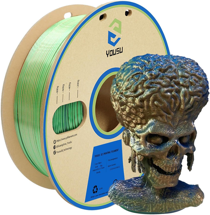 YOUSU Dreifarbiges PLA Filament,3D Drucker Filament 1,75mm(﹢/-0,03mm), Seiden Blau/Grün/Gold Dreifar