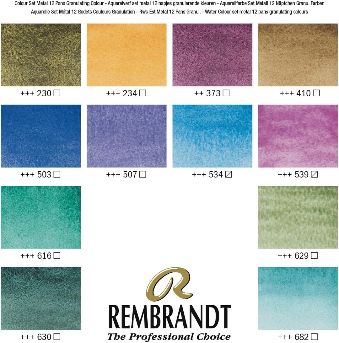 Rembrandt Water Colour Box GRANULATING extra feine Aquarellfarbe, Metallkasten mit 12 Näpfchen granu