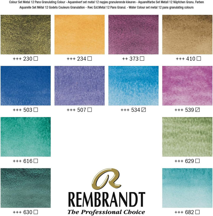 Rembrandt Water Colour Box GRANULATING extra feine Aquarellfarbe, Metallkasten mit 12 Näpfchen granu
