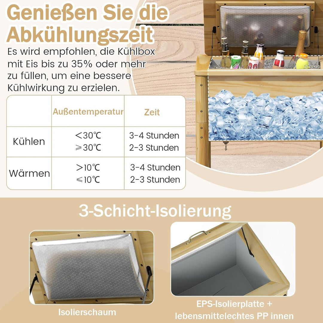 COSTWAY Getränkekühler Holz, 51 L Outdoor-Terrassenkühler mit 3 Griffen & Flaschenöffner, rustikale