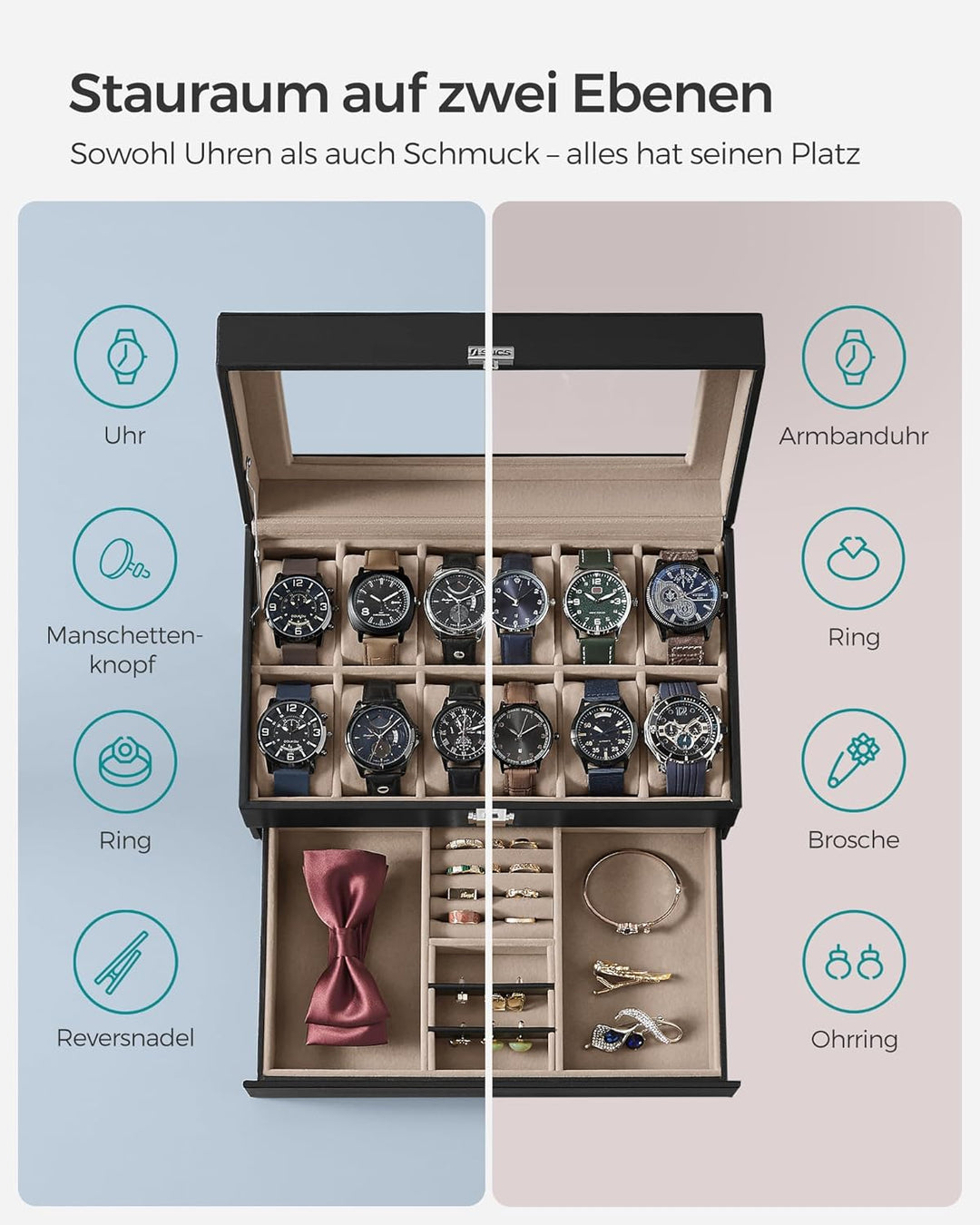 SONGMICS Uhrenbox mit 2 Ebenen, Uhrenkasten, 12 Fächer und 1 Schublade, Glasdeckel, Uhrenkoffer, für