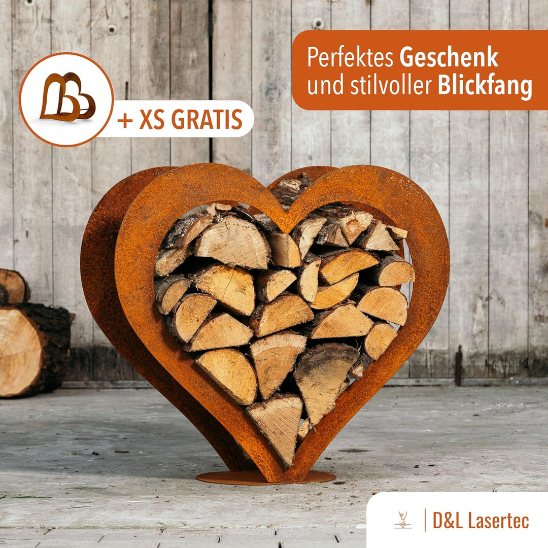 D&L Lasertec Herz aus Metall, Holz Regal, Rost, Edelrost, Holzregal Garten, Terrasse - Deko L+XS