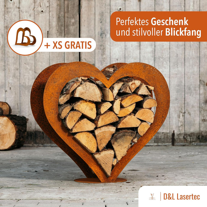 D&L Lasertec Herz aus Metall, Holz Regal, Rost, Edelrost, Holzregal Garten, Terrasse - Deko L+XS